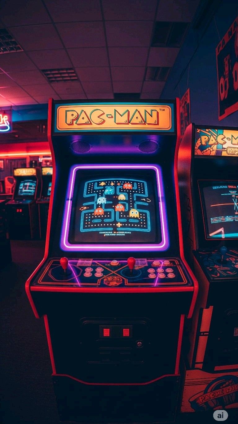Classic Pac-Man arcade cabinet glowing in a dark room