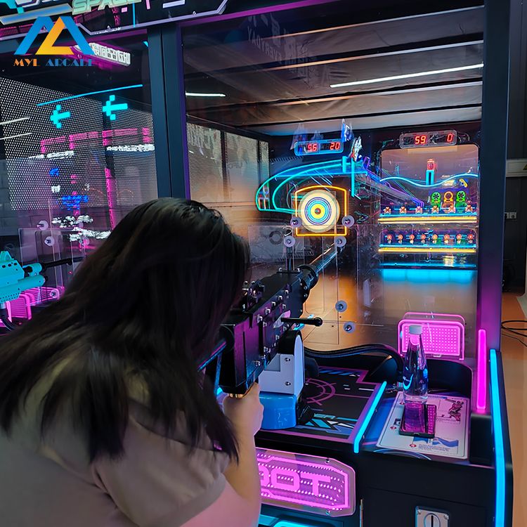 Player aiming at a neon target in a shooting gallery game