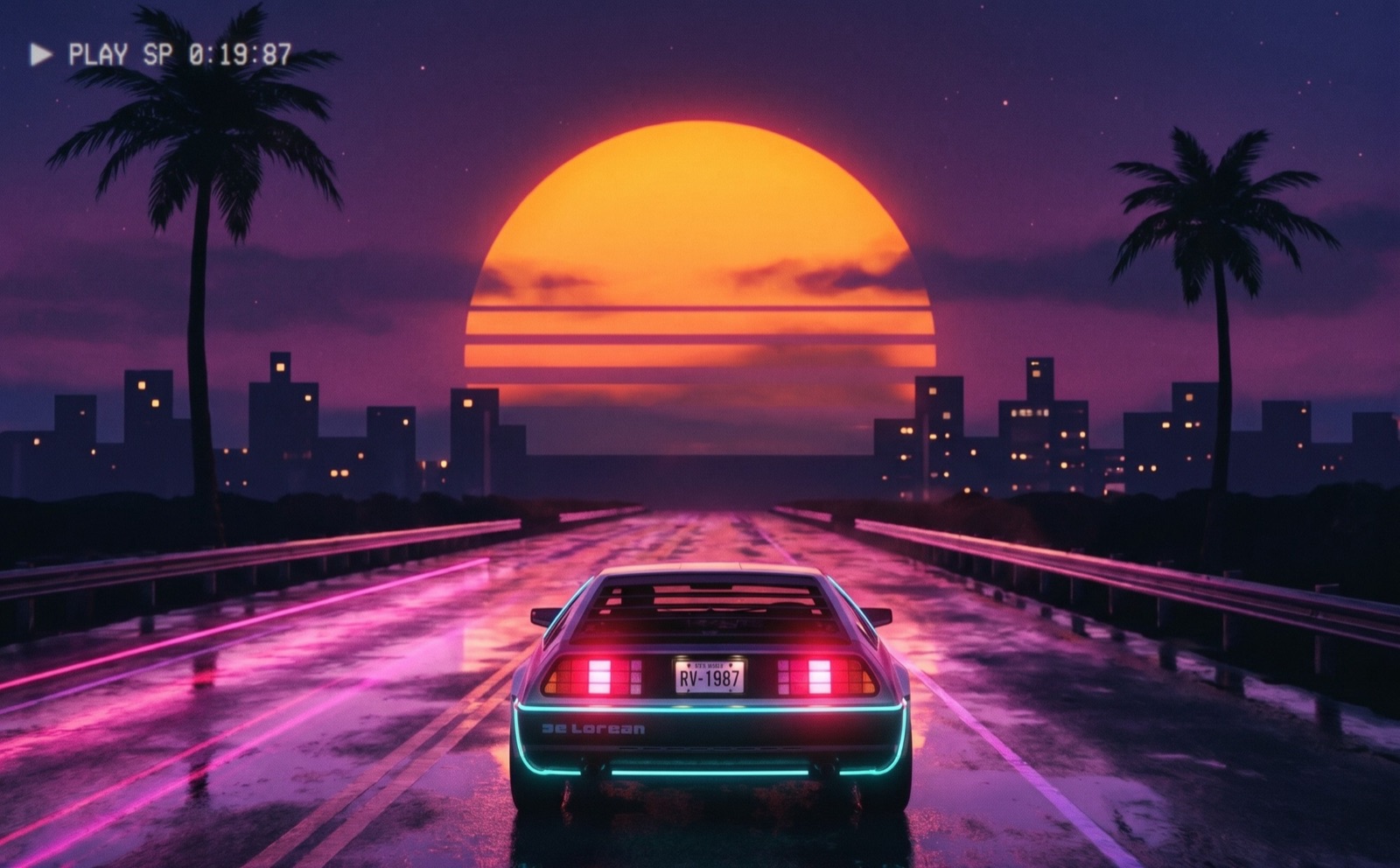 DeLorean driving down a wet neon highway toward a striped synthwave sunset