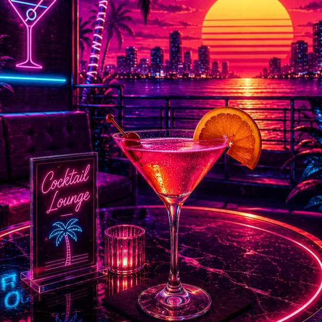 Pink martini with an orange slice on a neon-lit table, lake sunset and city skyline behind