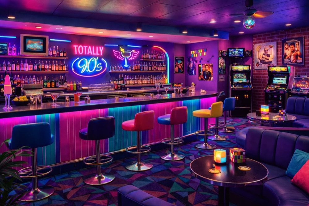 Neon lounge with arcade cabinets and velvet sofas